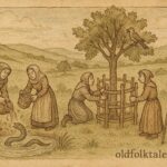 Medieval villagers pretending to be foolish by trying to drown an eel while a royal scout watches, English folktale scene.