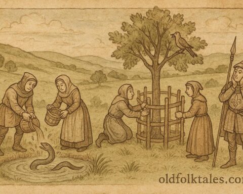 Medieval villagers pretending to be foolish by trying to drown an eel while a royal scout watches, English folktale scene.