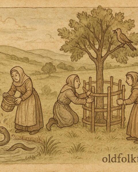 Medieval villagers pretending to be foolish by trying to drown an eel while a royal scout watches, English folktale scene.