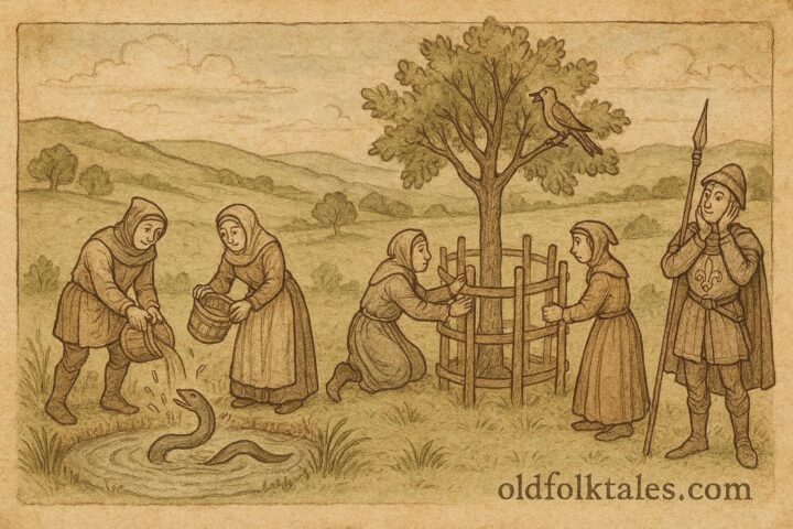 Medieval villagers pretending to be foolish by trying to drown an eel while a royal scout watches, English folktale scene.