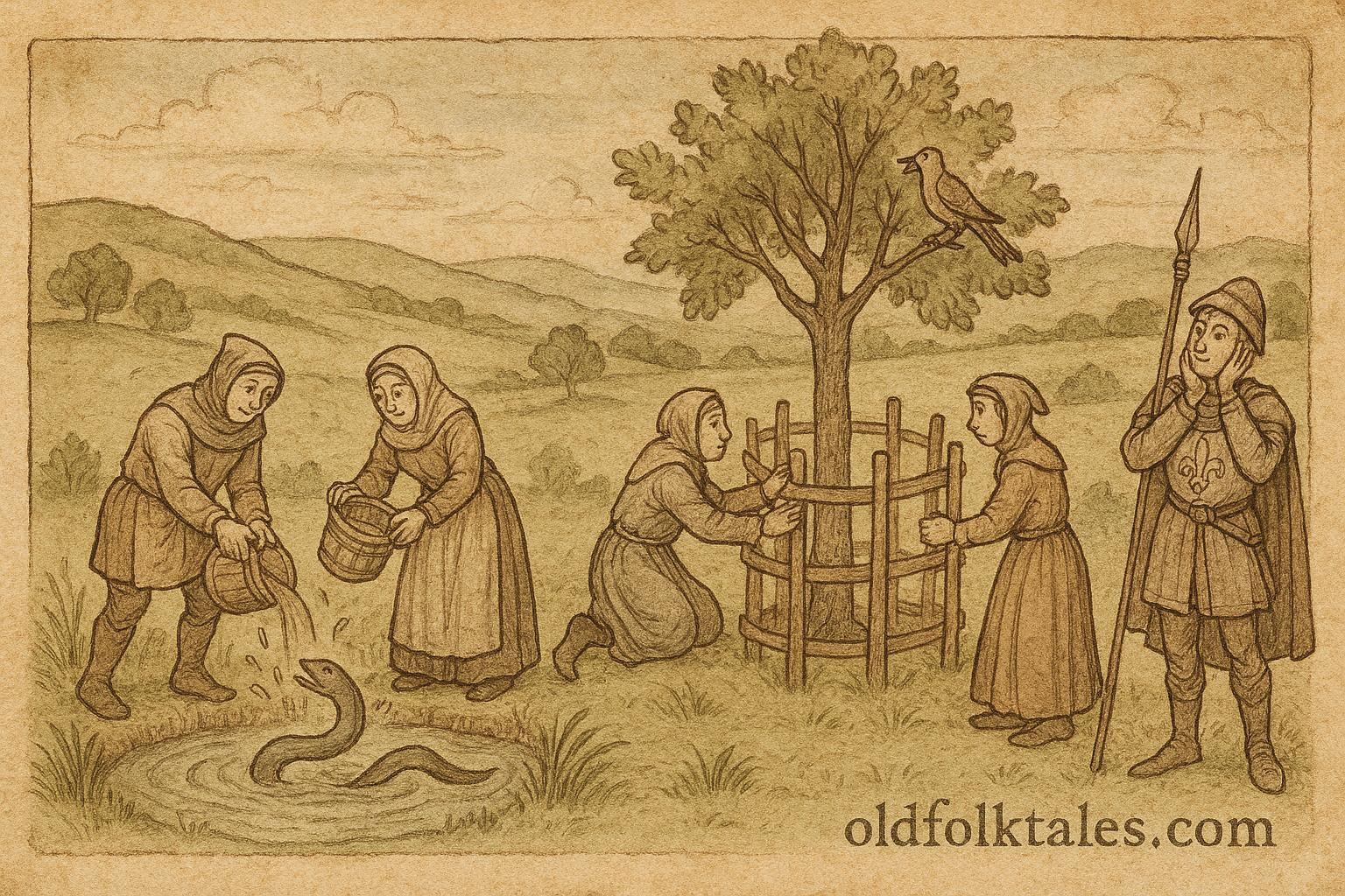 Medieval villagers pretending to be foolish by trying to drown an eel while a royal scout watches, English folktale scene.