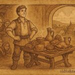 An illustration of Jan and the magical Wishing Table with overflowing food, Czech folktale scene.