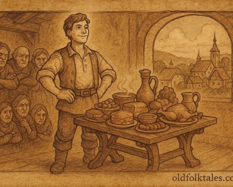 An illustration of Jan and the magical Wishing Table with overflowing food, Czech folktale scene.