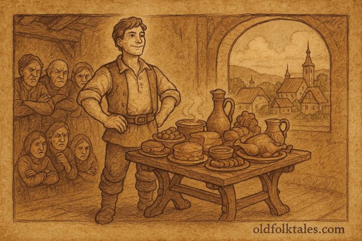 An illustration of Jan and the magical Wishing Table with overflowing food, Czech folktale scene.