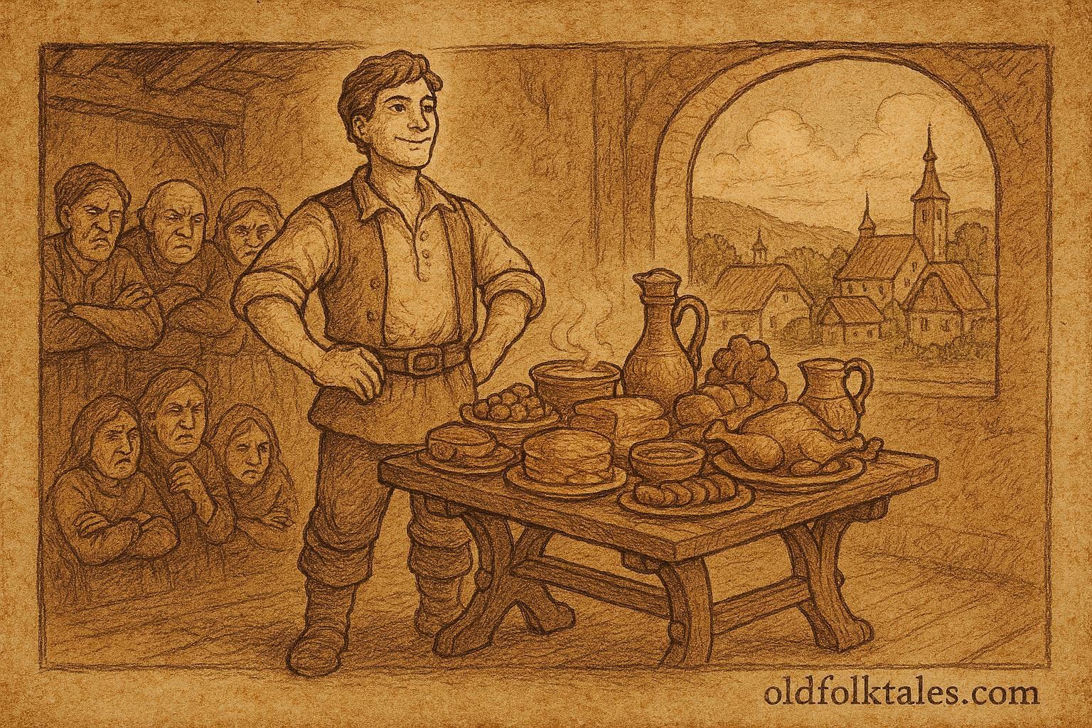 An illustration of Jan and the magical Wishing Table with overflowing food, Czech folktale scene.