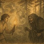 An illustration of Aapo facing the cunning Hiidenmaa witch in Finnish forest.