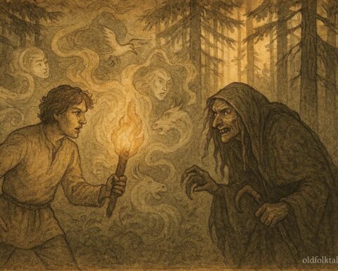 An illustration of Aapo facing the cunning Hiidenmaa witch in Finnish forest.