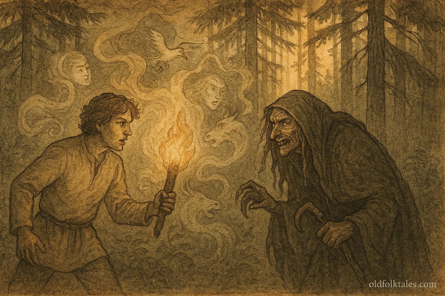 An illustration of Aapo facing the cunning Hiidenmaa witch in Finnish forest.