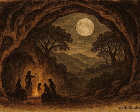 Parchment-style illustration of moonlit cave gathering in Basque folklore, Zugarramurdi.