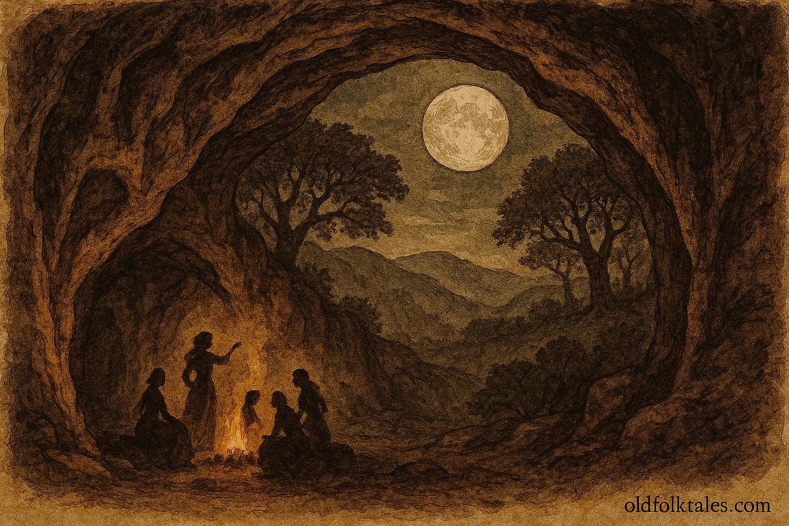 Parchment-style illustration of moonlit cave gathering in Basque folklore, Zugarramurdi.