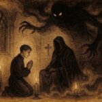 An illustration of Khoma confronting Viy, Ukrainian folklore scene with supernatural terror.