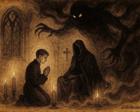 An illustration of Khoma confronting Viy, Ukrainian folklore scene with supernatural terror.