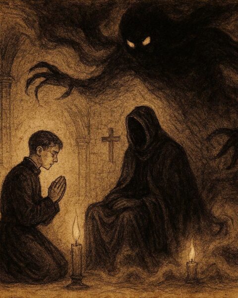 An illustration of Khoma confronting Viy, Ukrainian folklore scene with supernatural terror.