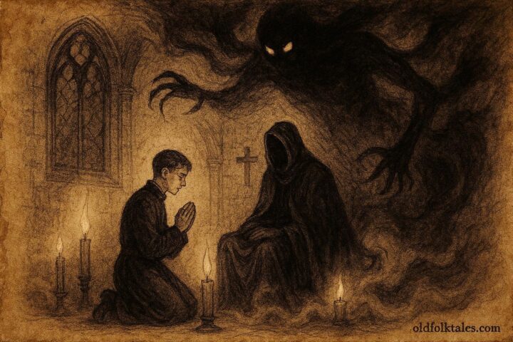 An illustration of Khoma confronting Viy, Ukrainian folklore scene with supernatural terror.