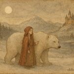 An artwork of girl with white bear in snowy Norway, folktale scene.