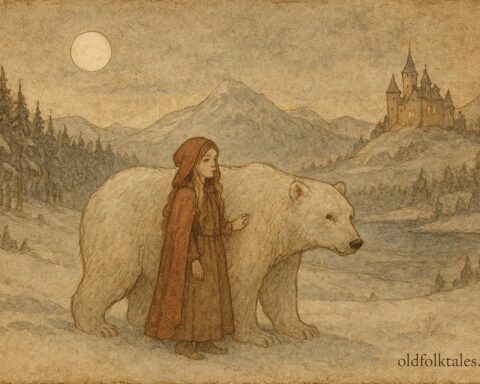 An artwork of girl with white bear in snowy Norway, folktale scene.