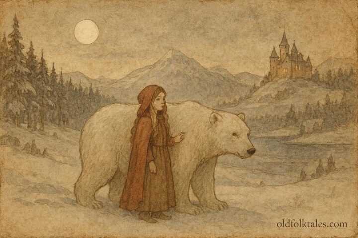 An artwork of girl with white bear in snowy Norway, folktale scene.