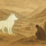An illustration of Gelert as a spectral wolf guarding a child in Gwynedd valley, Welsh folklore scene.