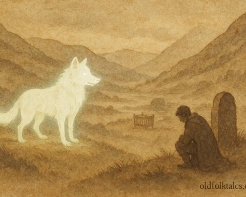 An illustration of Gelert as a spectral wolf guarding a child in Gwynedd valley, Welsh folklore scene.
