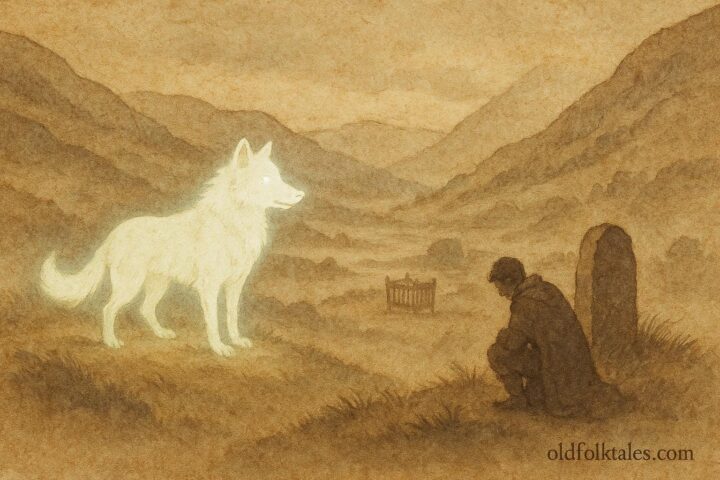 An illustration of Gelert as a spectral wolf guarding a child in Gwynedd valley, Welsh folklore scene.