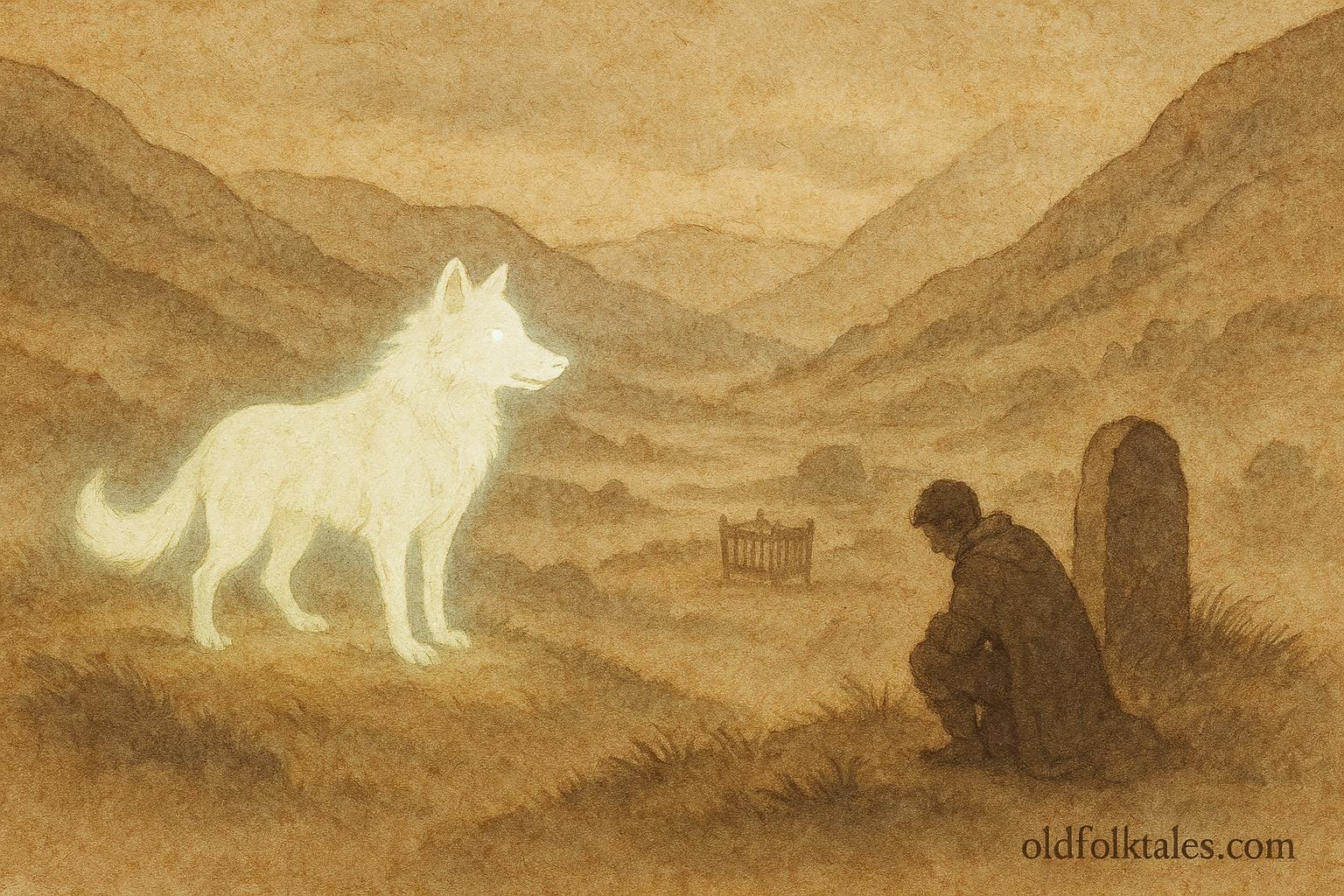 An illustration of Gelert as a spectral wolf guarding a child in Gwynedd valley, Welsh folklore scene.