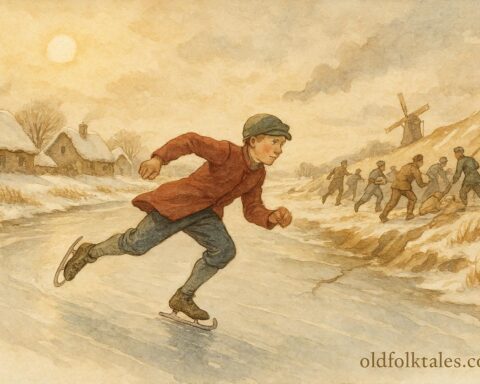 An illustration of Hans Brinker skating to warn villagers of a dike breach, Dutch folktale scene.