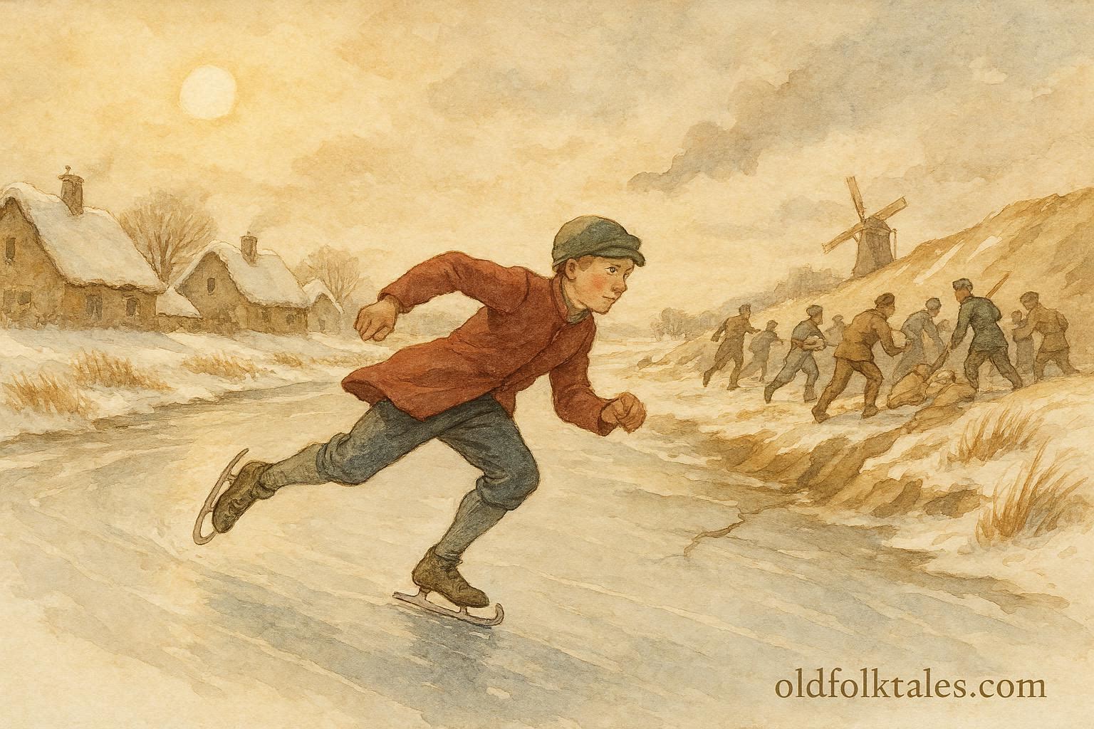 An illustration of Hans Brinker skating to warn villagers of a dike breach, Dutch folktale scene.
