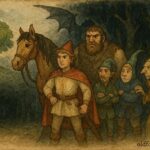 An illustration of Harap Alb with magical companions facing dragon-guarded golden apple, Romanian folktale scene.