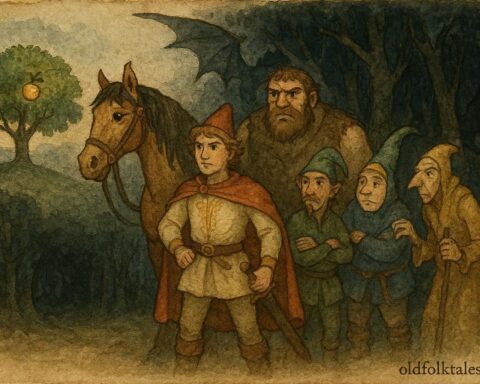 An illustration of Harap Alb with magical companions facing dragon-guarded golden apple, Romanian folktale scene.