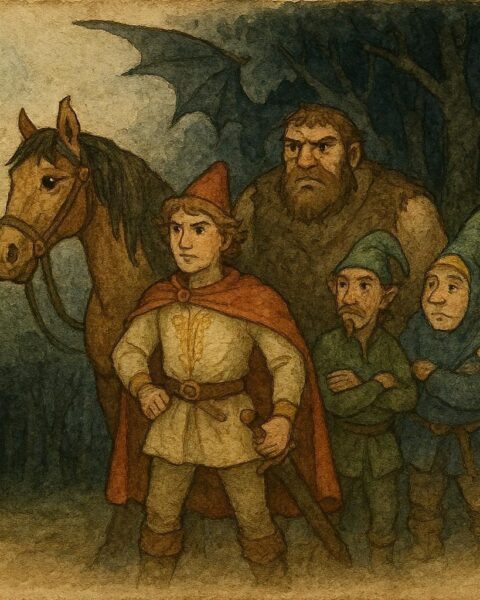 An illustration of Harap Alb with magical companions facing dragon-guarded golden apple, Romanian folktale scene.