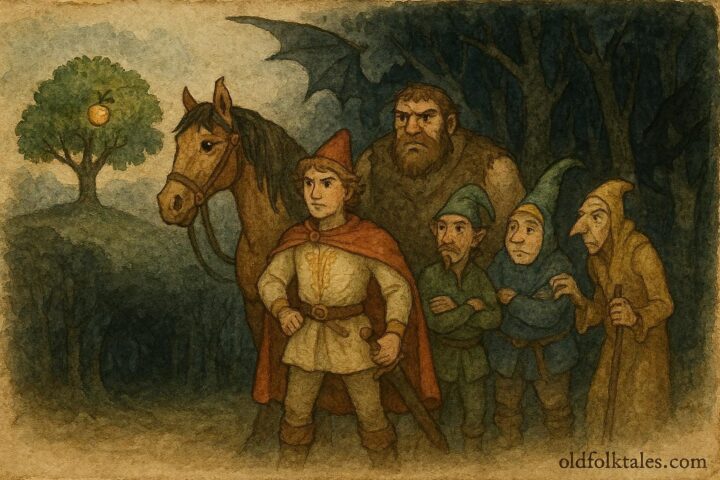 An illustration of Harap Alb with magical companions facing dragon-guarded golden apple, Romanian folktale scene.