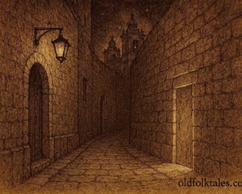An illustration of hidden midnight door in Mdina, Maltese folktale scene.