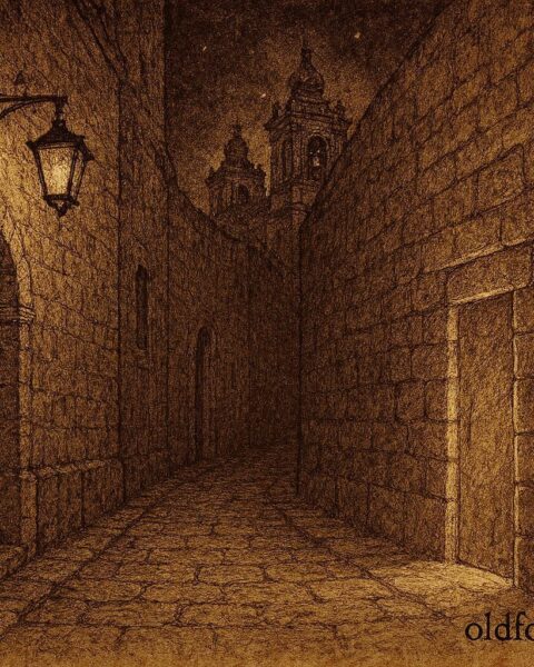 An illustration of hidden midnight door in Mdina, Maltese folktale scene.