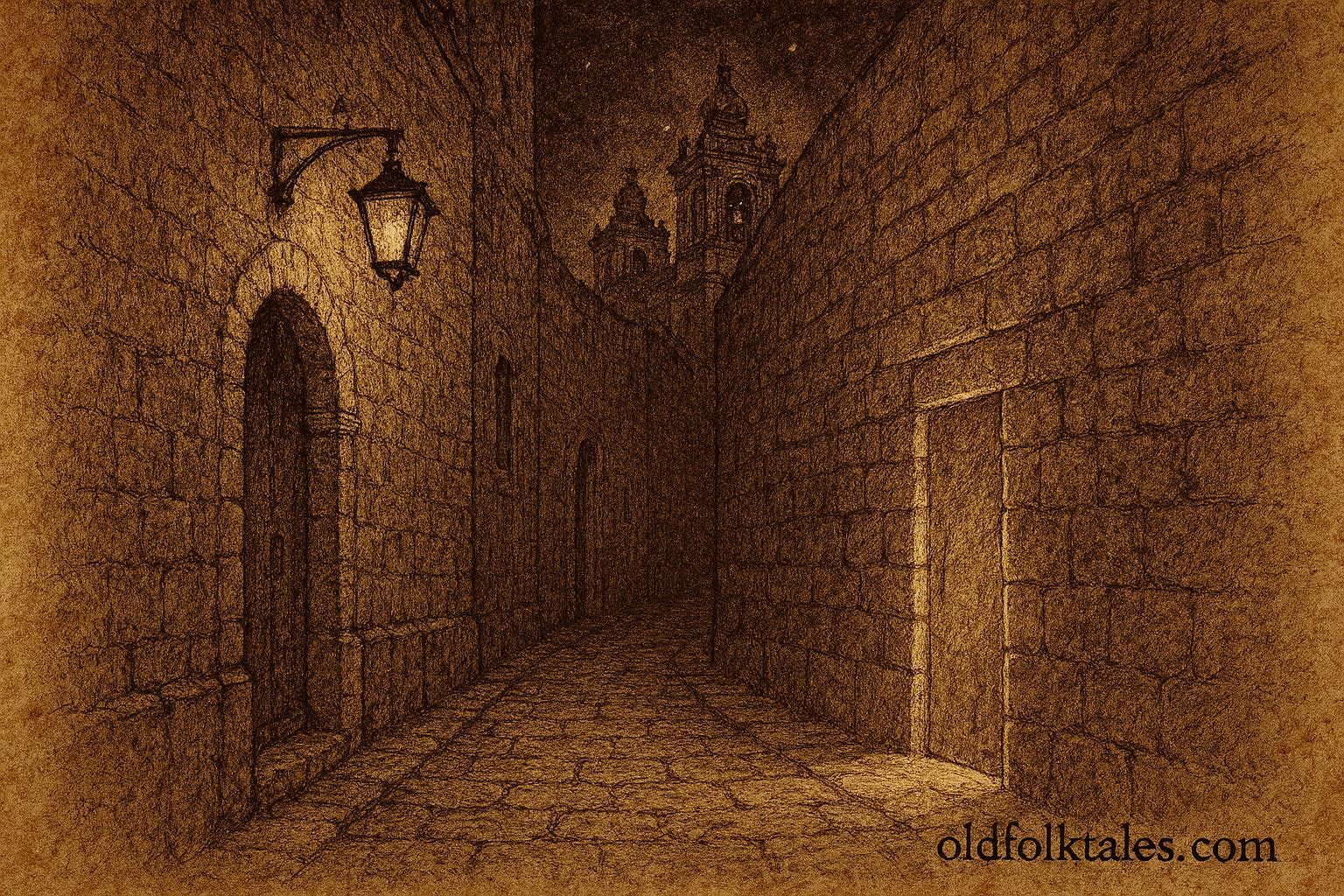 An illustration of hidden midnight door in Mdina, Maltese folktale scene.