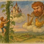 An illustration of Jack climbing a giant beanstalk toward a castle, English folktale scene.