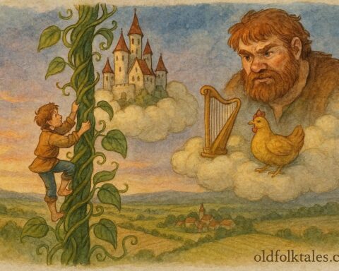 An illustration of Jack climbing a giant beanstalk toward a castle, English folktale scene.
