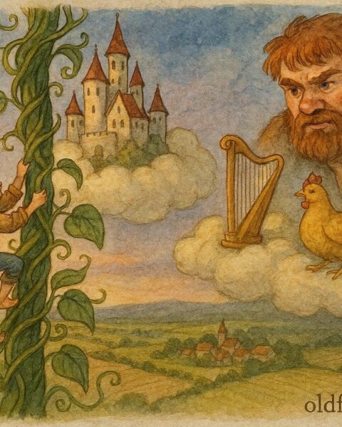 An illustration of Jack climbing a giant beanstalk toward a castle, English folktale scene.