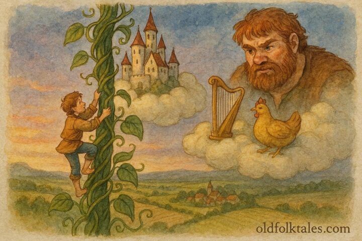An illustration of Jack climbing a giant beanstalk toward a castle, English folktale scene.