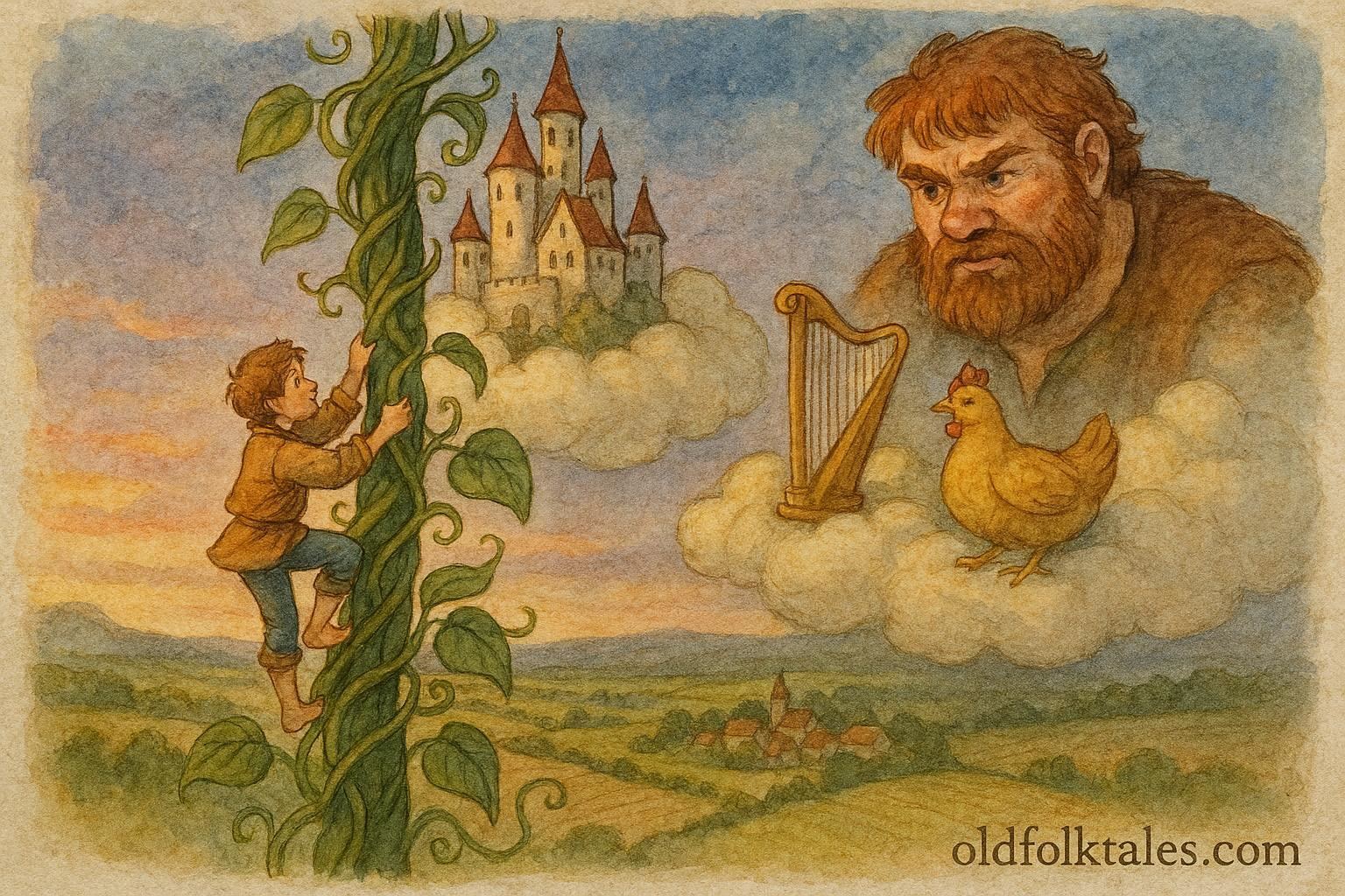 An illustration of Jack climbing a giant beanstalk toward a castle, English folktale scene.