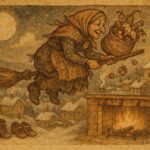 An artwork of La Befana flying over an Italian village, delivering gifts on Epiphany Eve.