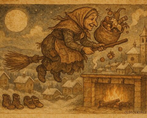 An artwork of La Befana flying over an Italian village, delivering gifts on Epiphany Eve.