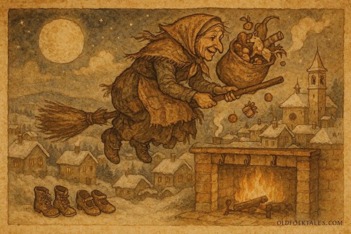 An artwork of La Befana flying over an Italian village, delivering gifts on Epiphany Eve.