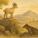 An illustration of the goat exploring Provence mountains, watched by a wolf, French folktale scene.
