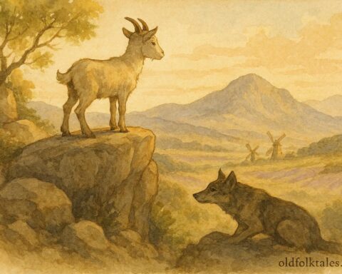 An illustration of the goat exploring Provence mountains, watched by a wolf, French folktale scene.