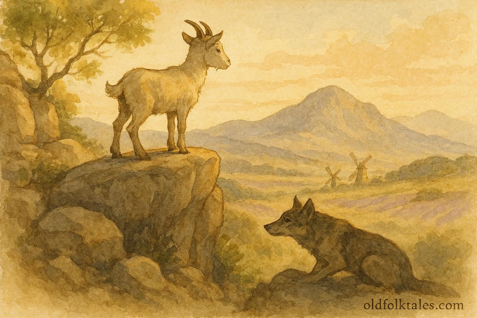 An illustration of the goat exploring Provence mountains, watched by a wolf, French folktale scene.