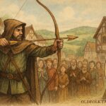 An illustration of Robin Hood shooting a golden arrow, English folktale scene.