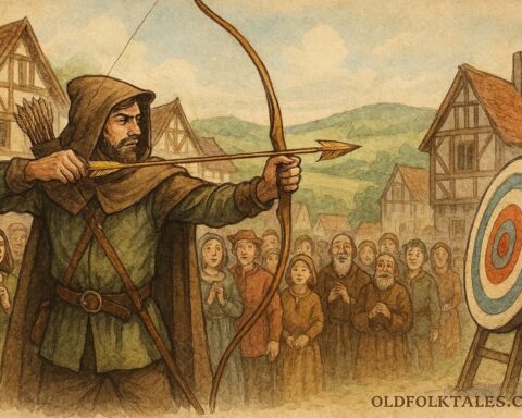 An illustration of Robin Hood shooting a golden arrow, English folktale scene.
