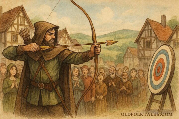 An illustration of Robin Hood shooting a golden arrow, English folktale scene.