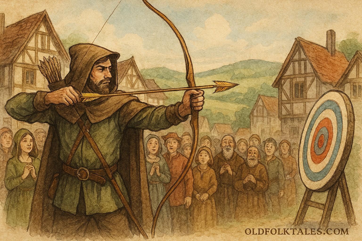 An illustration of Robin Hood shooting a golden arrow, English folktale scene.