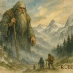 An illustration of Rübezahl, mountain spirit, guiding travelers in the Alps.